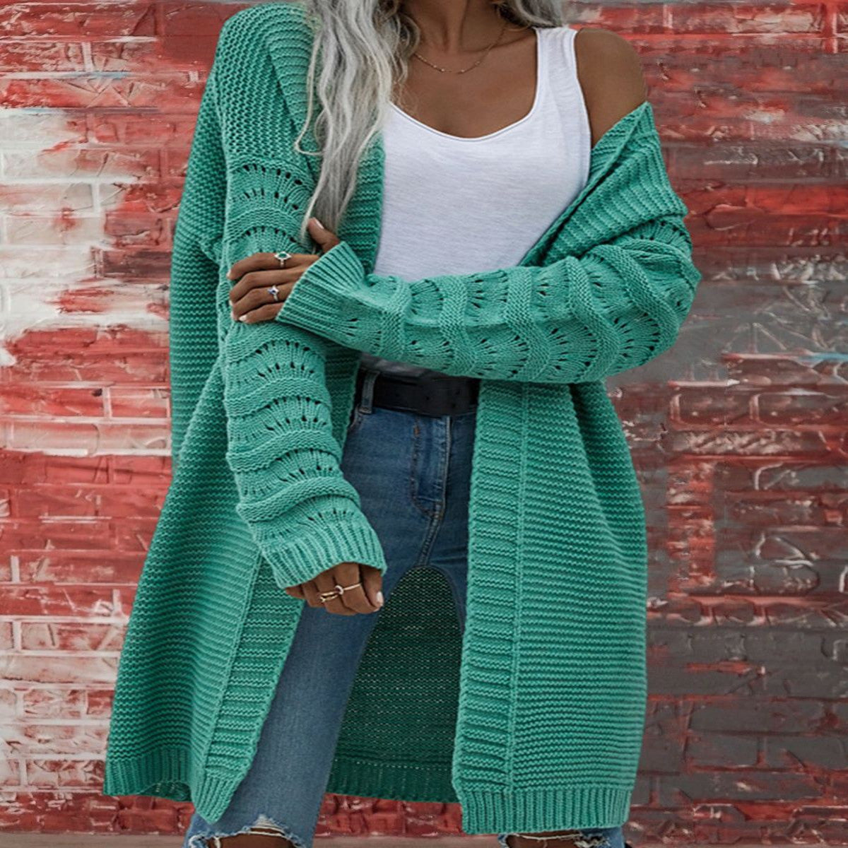Solid Color Knitted Long Cardigan for Women