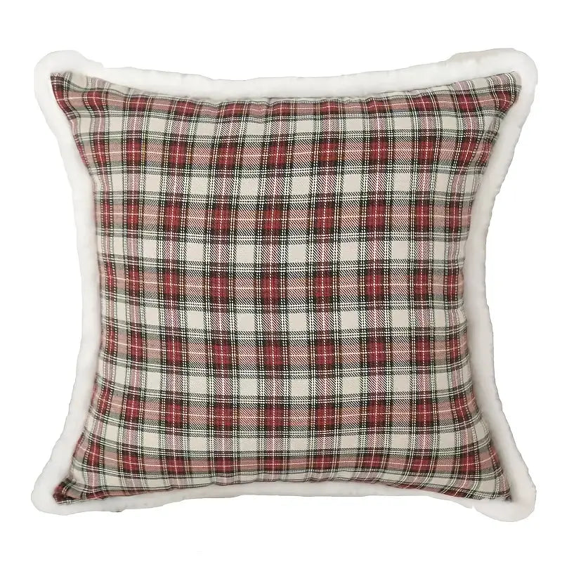Christmas Red Plaid Pillow Case 18x18in with Rabbit Fur Trim