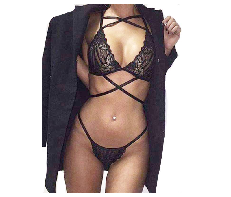 Lace Lingerie Set with Straps - Three-Piece Design