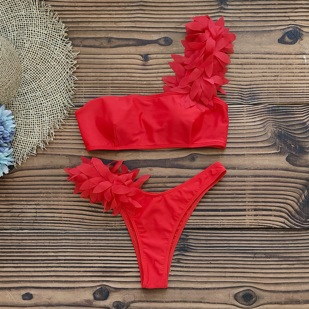 2024 Women's Red Ruffled Mesh Bikini Set