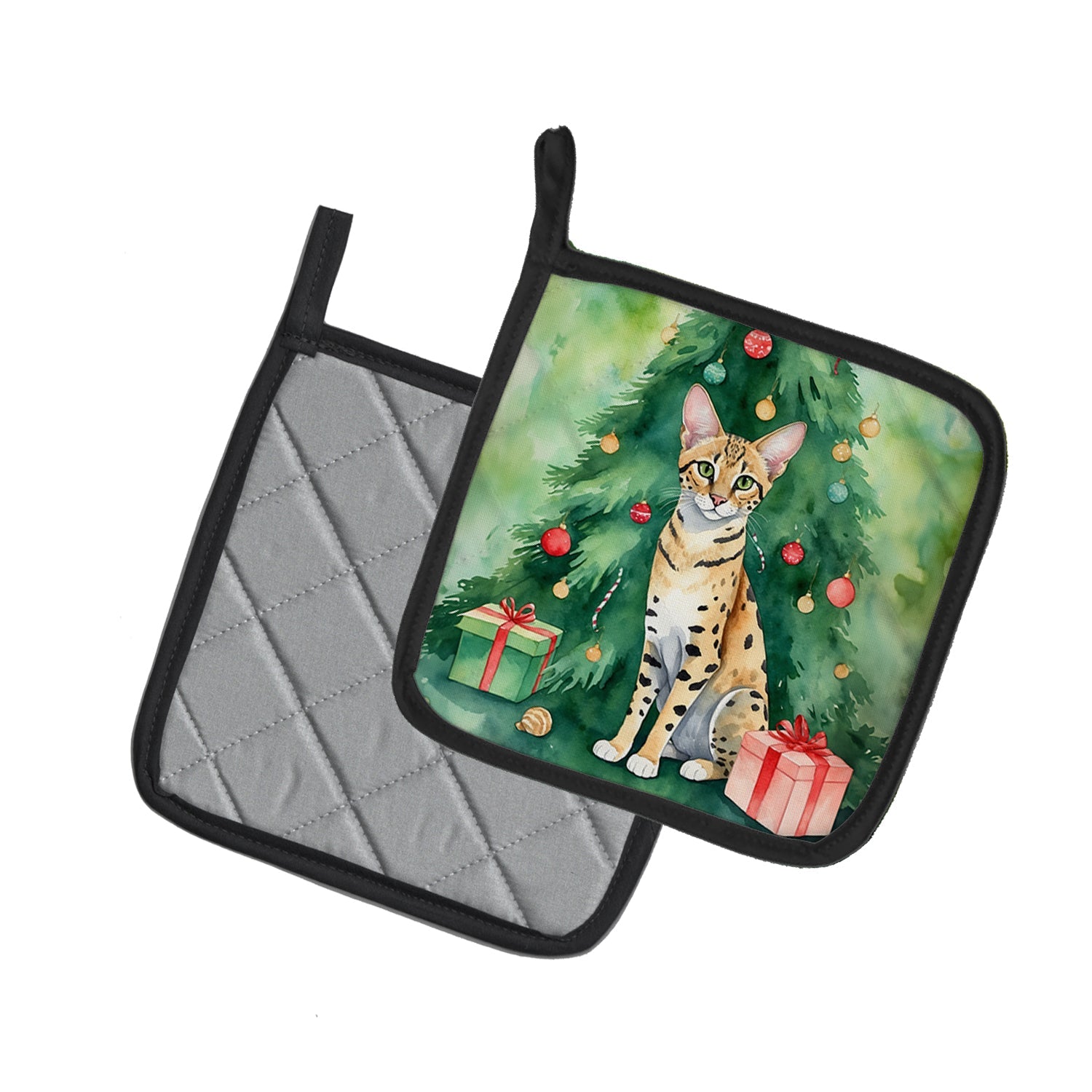 Savannah Cat By the Christmas Tree Pair of Pot Holders
