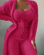 Plush Lace-up Cardigan 3-Piece Pantsuit