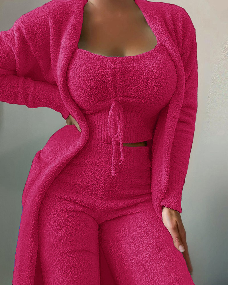 Plush Lace-up Cardigan 3-Piece Pantsuit