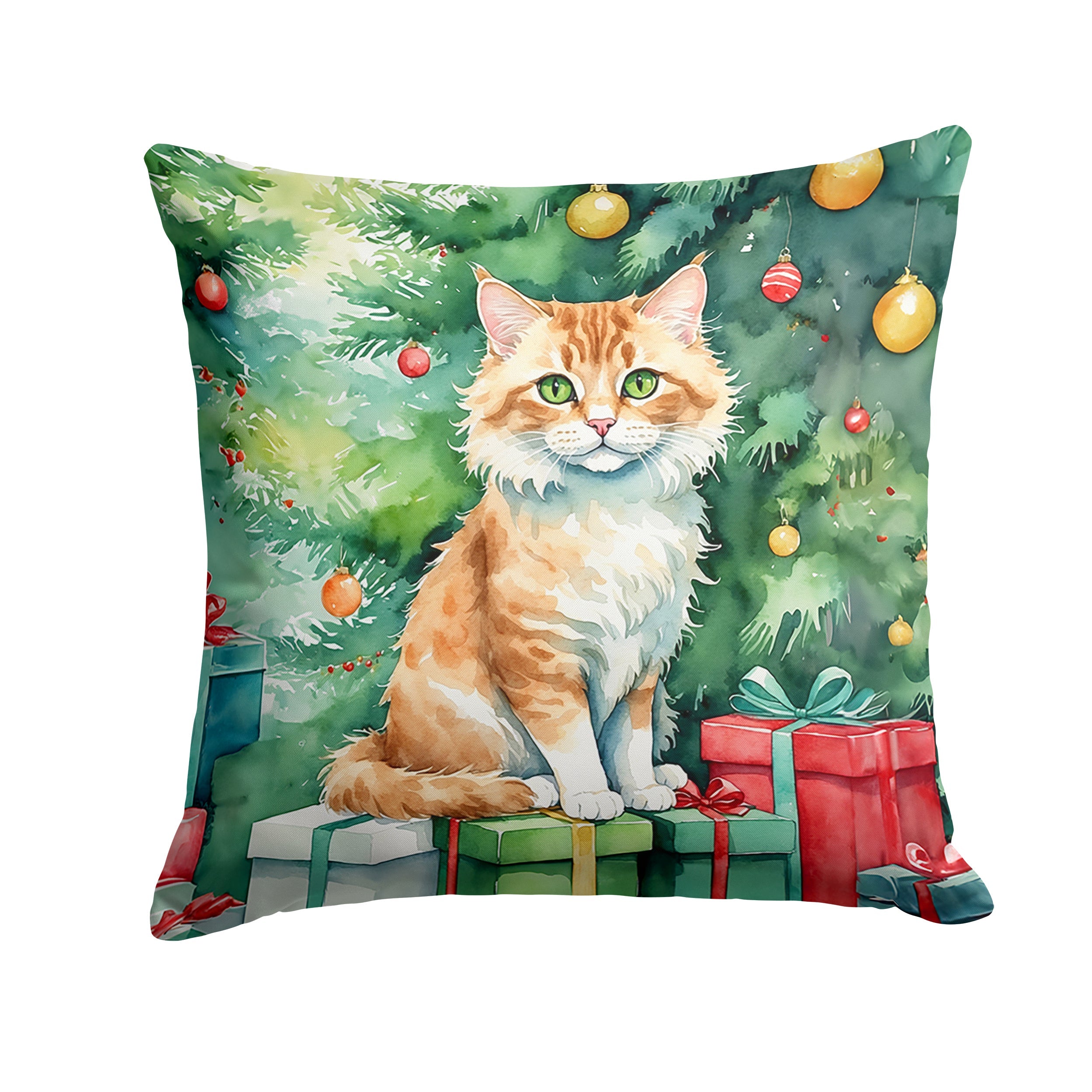 Skookum Cat By the Christmas Tree Throw Pillow