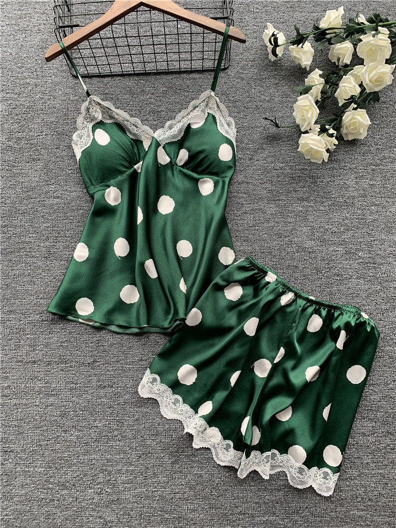 Lace Trim Polka Dot Cami Short Set, Lingerie Outfit
