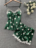 Lace Trim Polka Dot Cami Short Set, Lingerie Outfit
