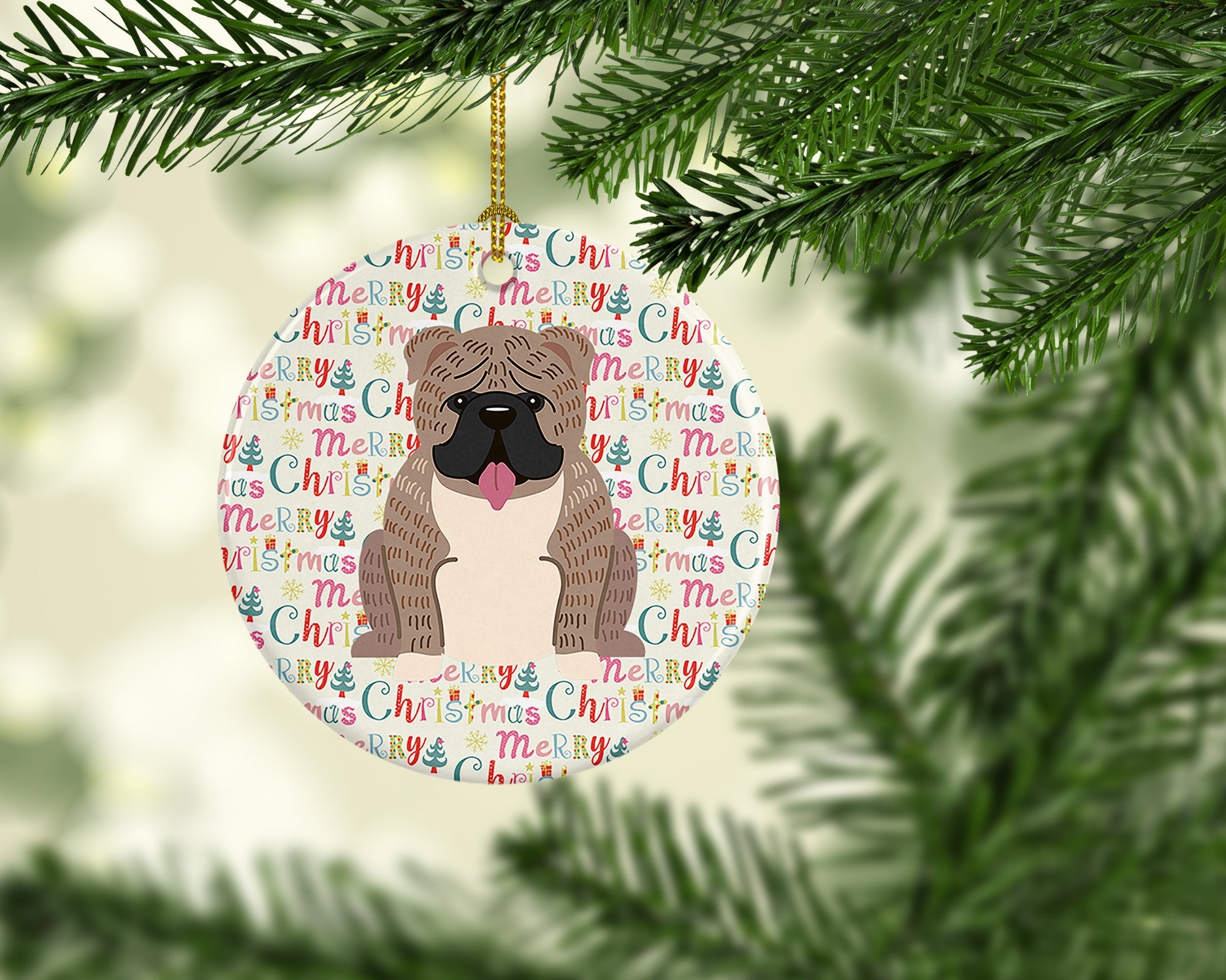 Merry Christmas English Bulldog Grey Brindle Ceramic Ornament