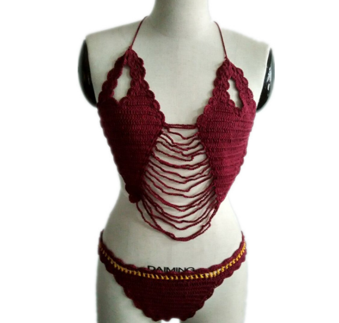 New Sexy Crochet Hollow Bikini with Tassel Swimsuit Set