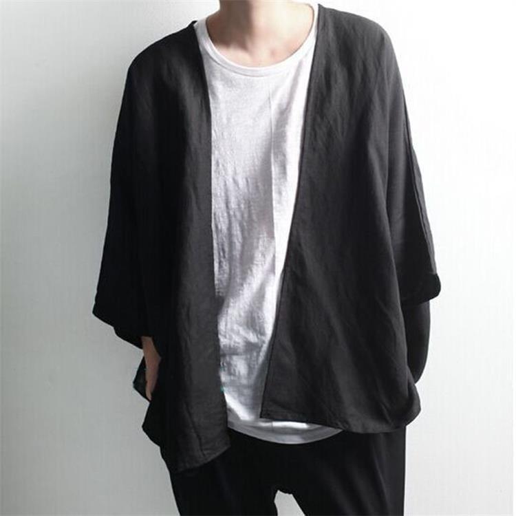 Dark Men's Linen Cropped Cardigan with Doll Sleeves