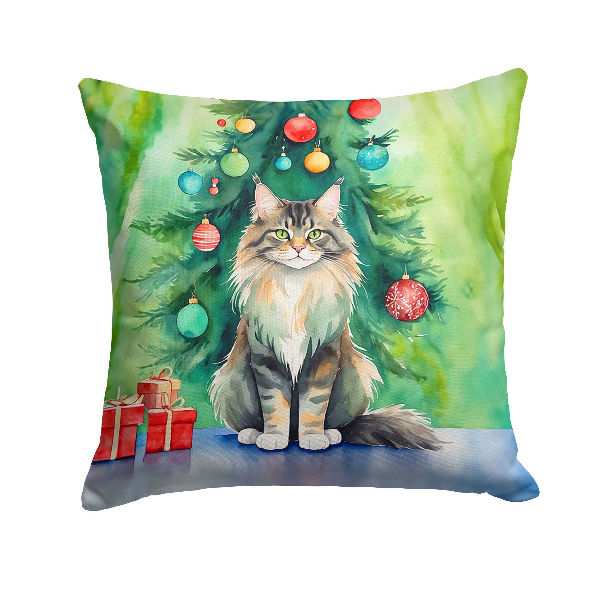 MaineCoon Cat By the Christmas Tree Throw Pillow