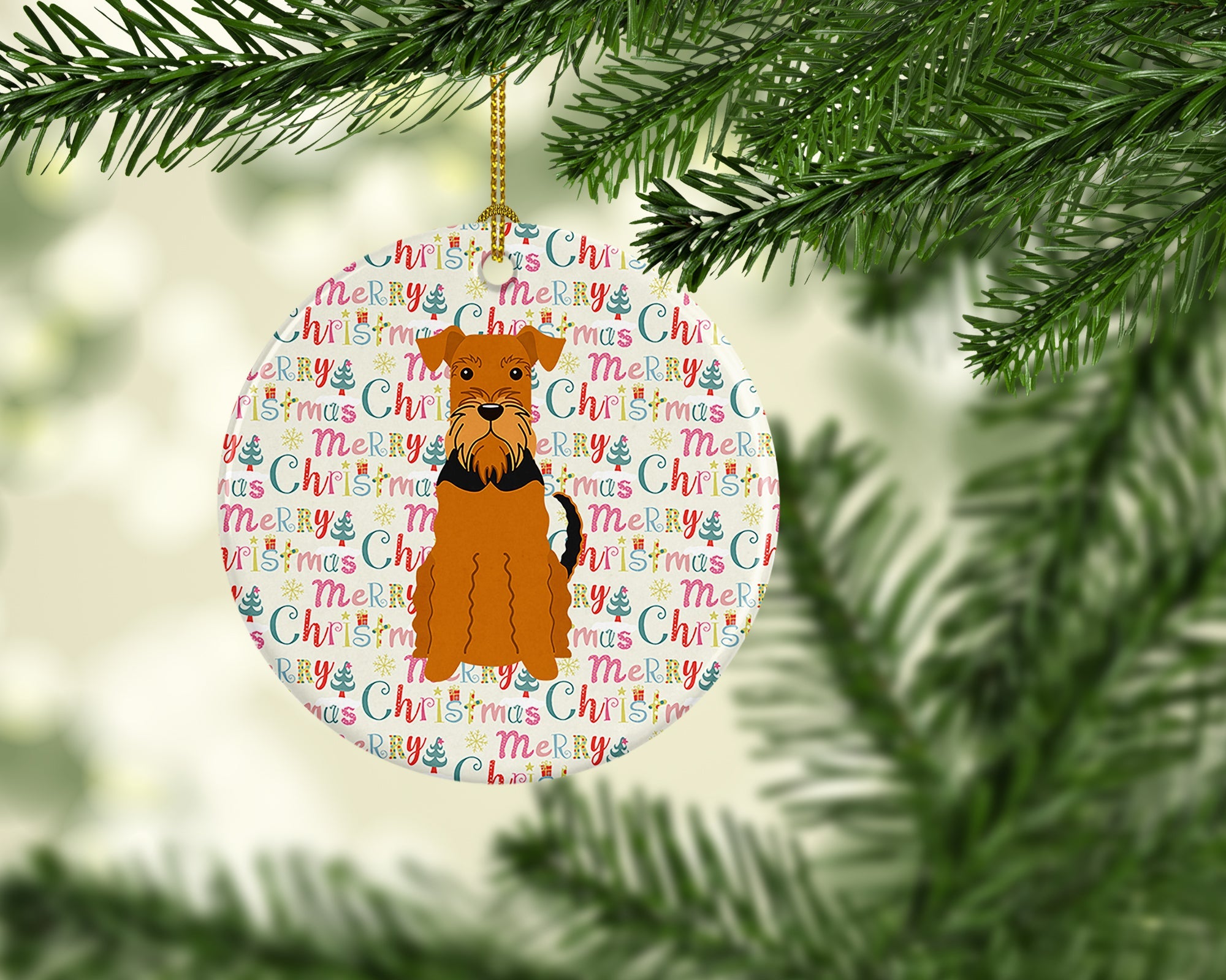 Merry Christmas Airedale Ceramic Ornament
