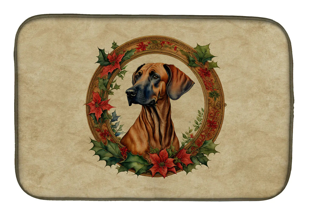 Rhodesian Ridgeback Christmas Flowers Dish Drying Mat
