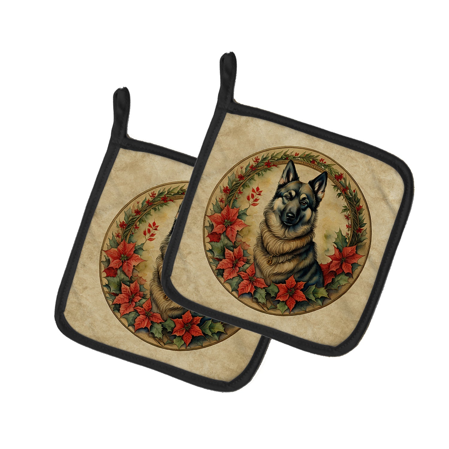 Norwegian Elkhound Christmas Flowers Pair of Pot Holders