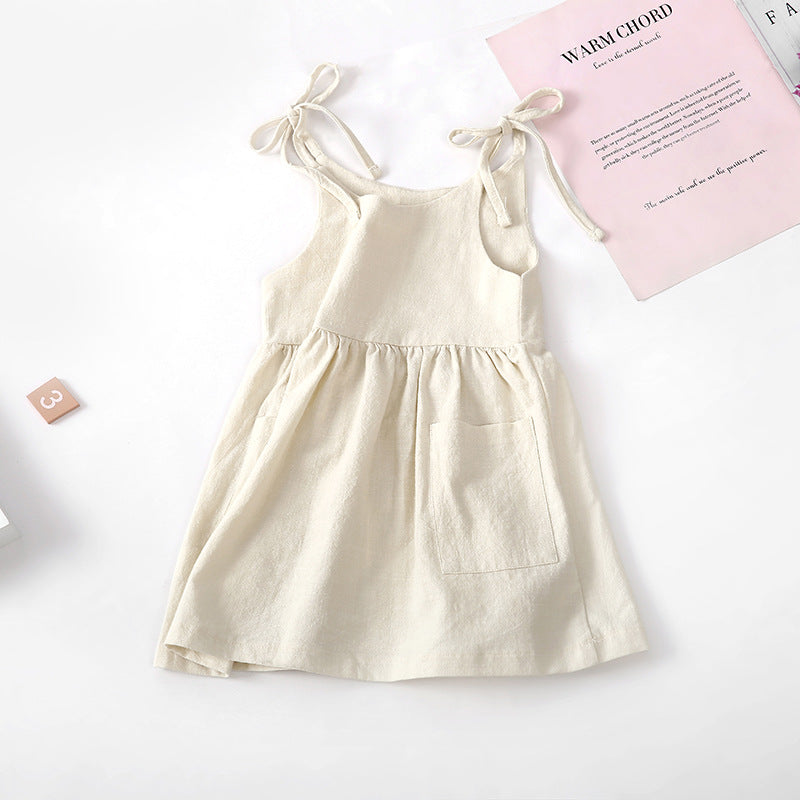 Girls Summer Solid Color Cotton Linen Sling Dress