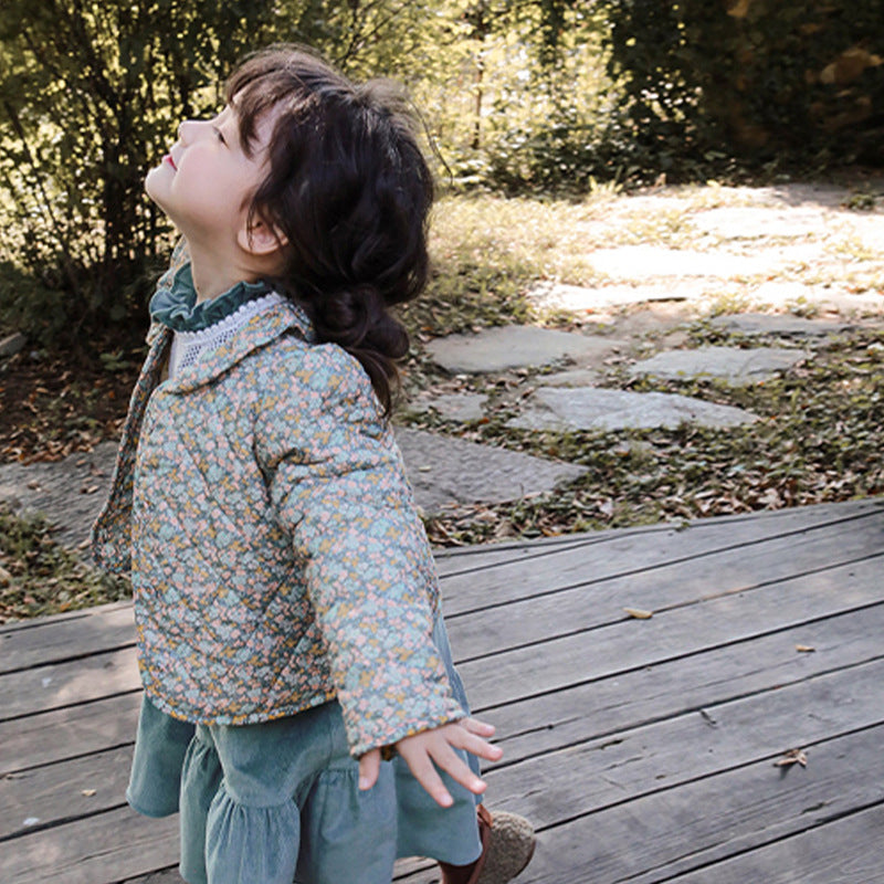 Girls' Floral Quilted Thick Coat