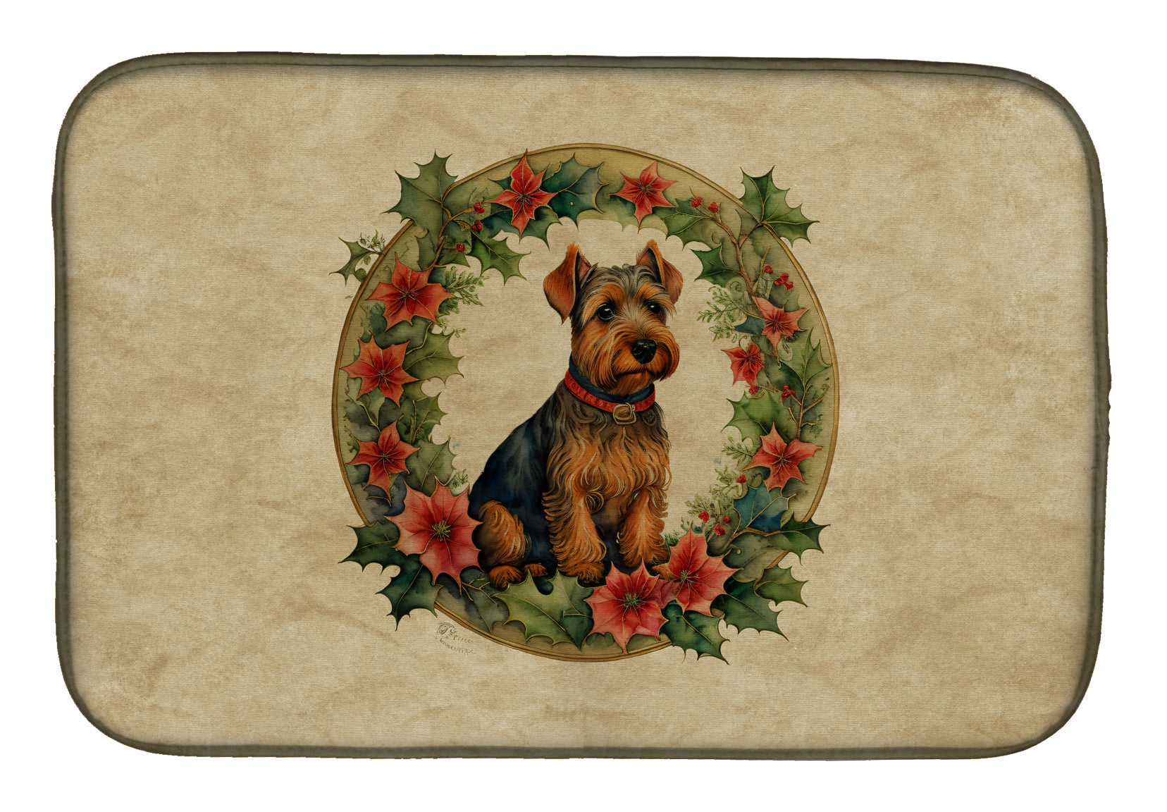 Welsh Terrier Christmas Flowers Dish Drying Mat
