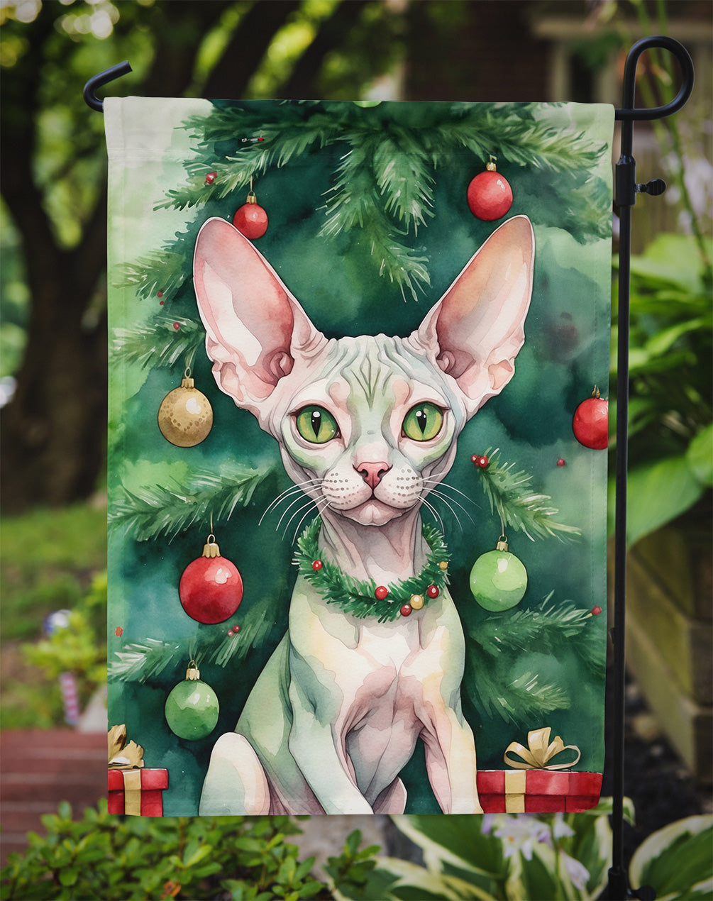 Minskin Cat By the Christmas Tree Garden Flag