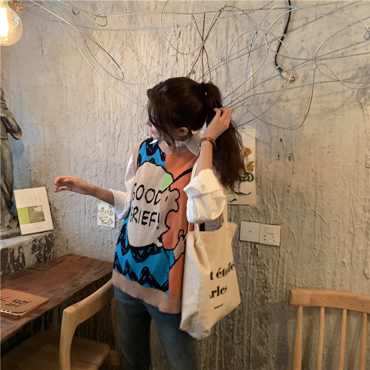 Kawaii Cartoon O-Neck Sleeveless Sweater Vest for Women