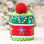 Knitted LED Hat with Christmas Tree and Snowman Design | Embroidered Cap