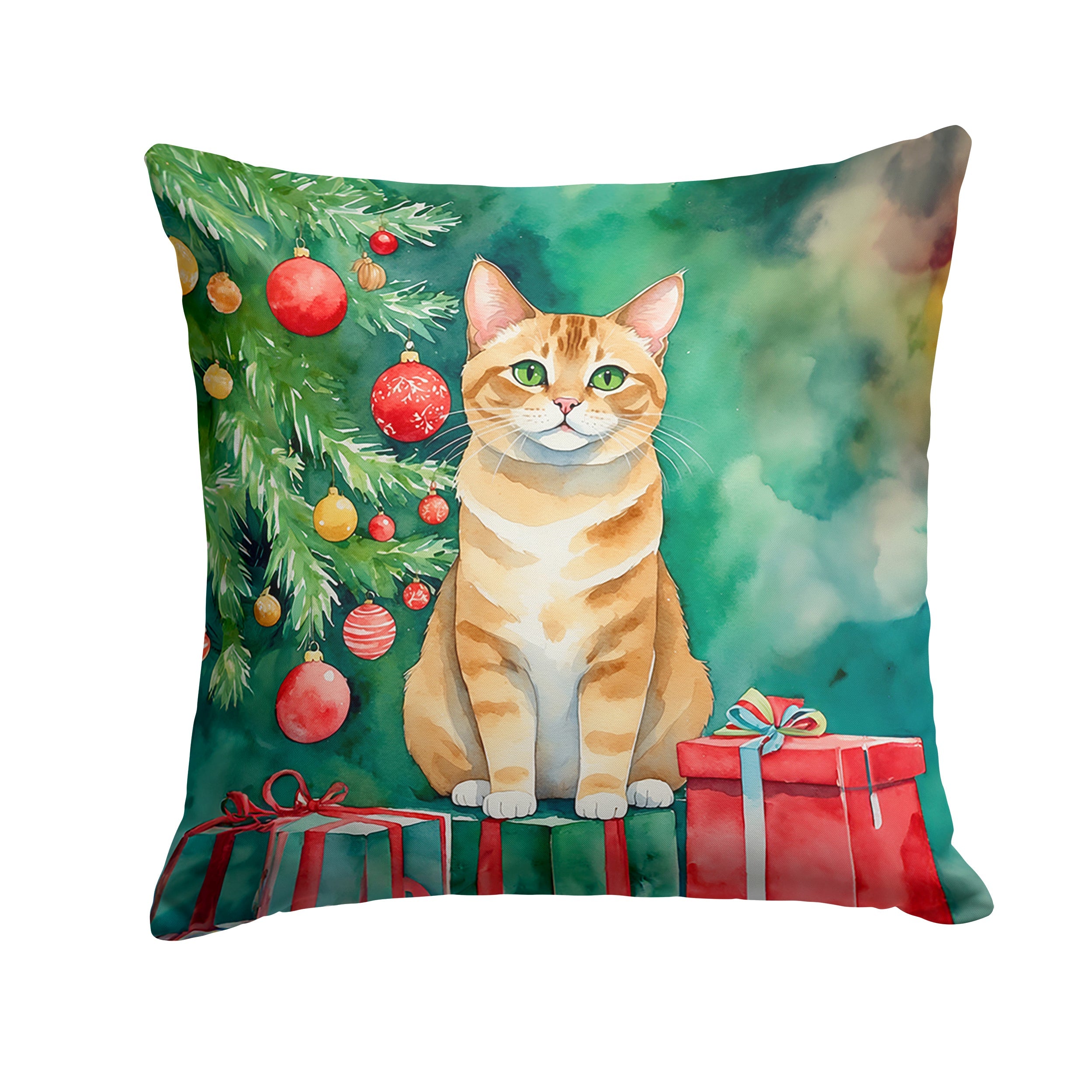 Malayan Cat By the Christmas Tree Throw Pillow