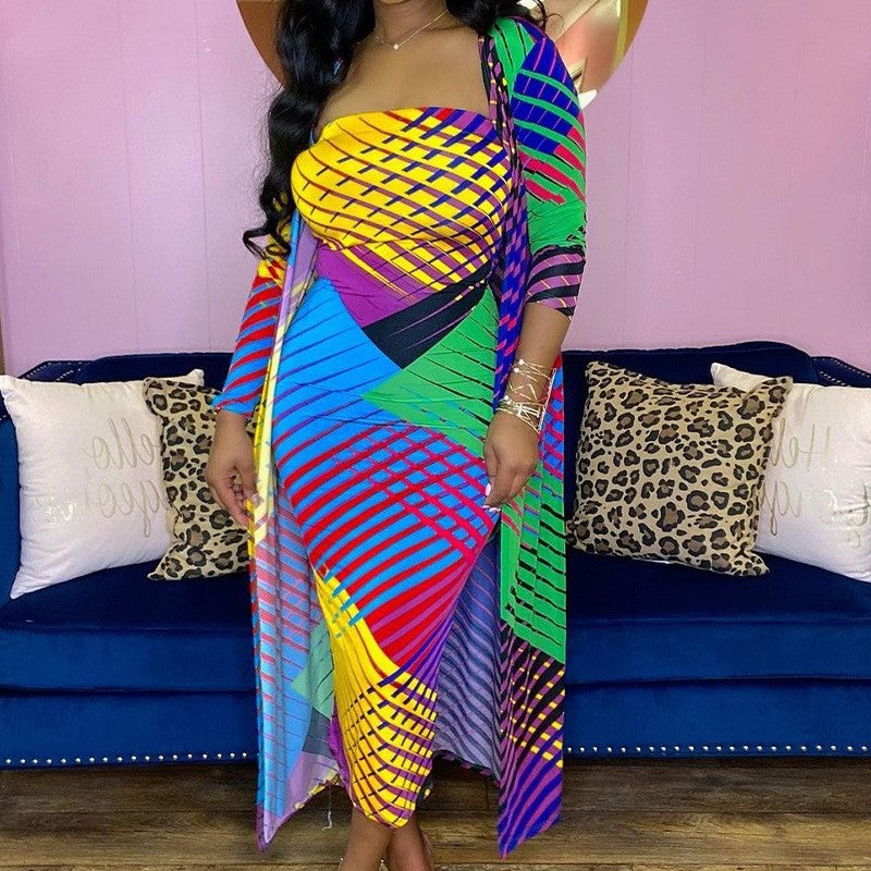 Color Print Women's Strapless Skirt and Coat Set