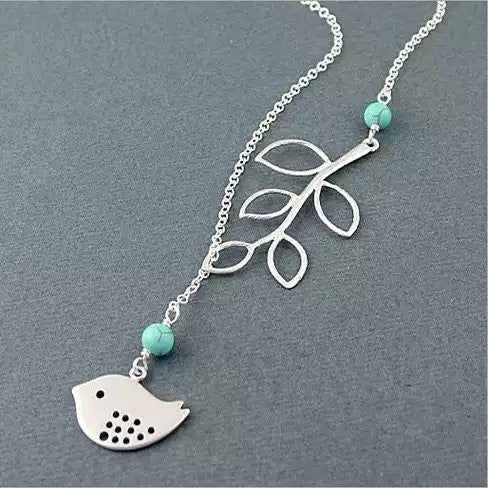 Turquoise Bird and Branch Lariat Necklace