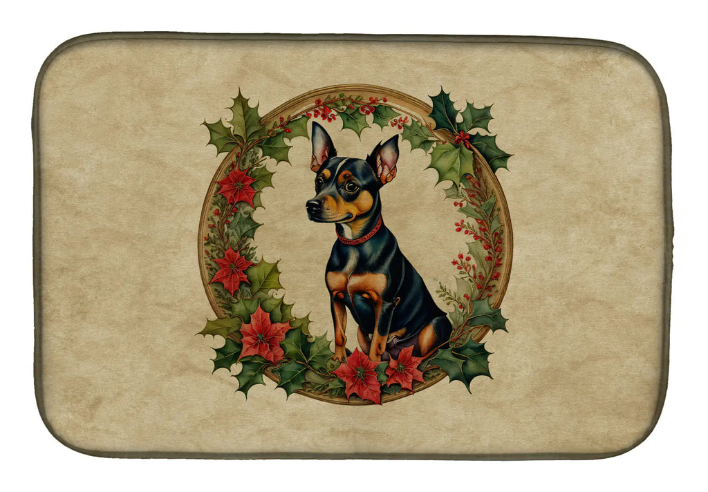 Miniature Pinscher Christmas Flowers Dish Drying Mat