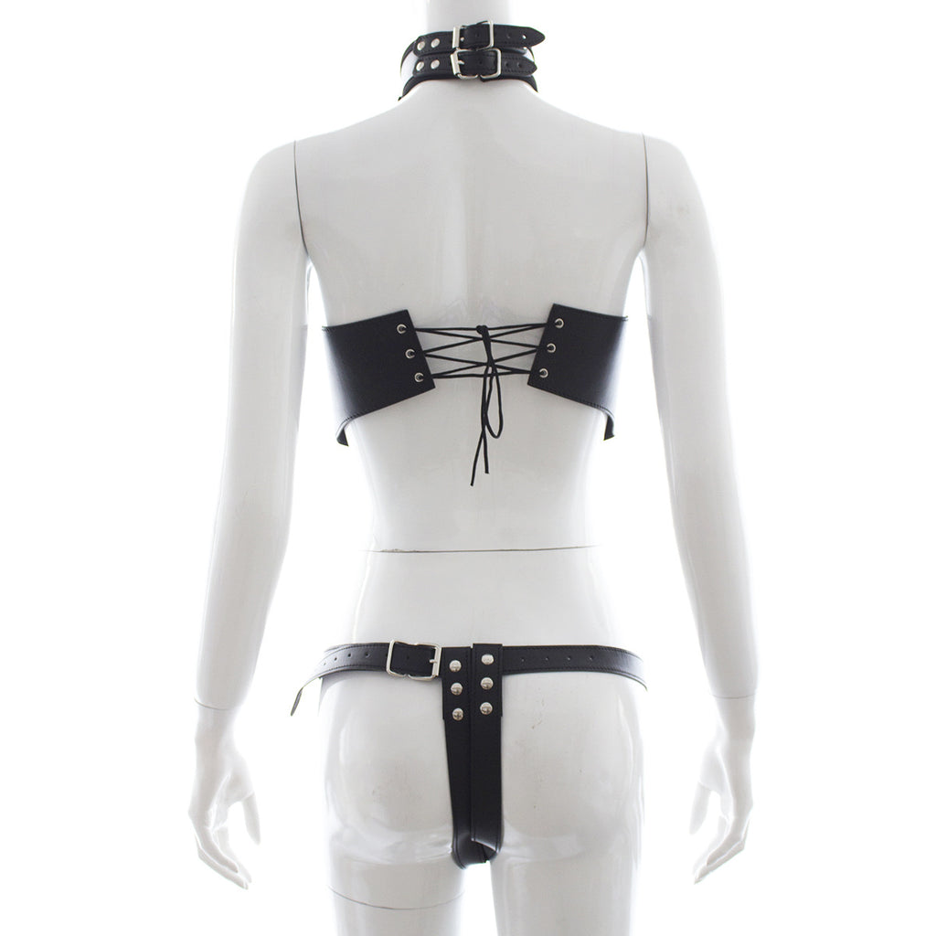 Black Leather Bodysuit with Open-Breast Design