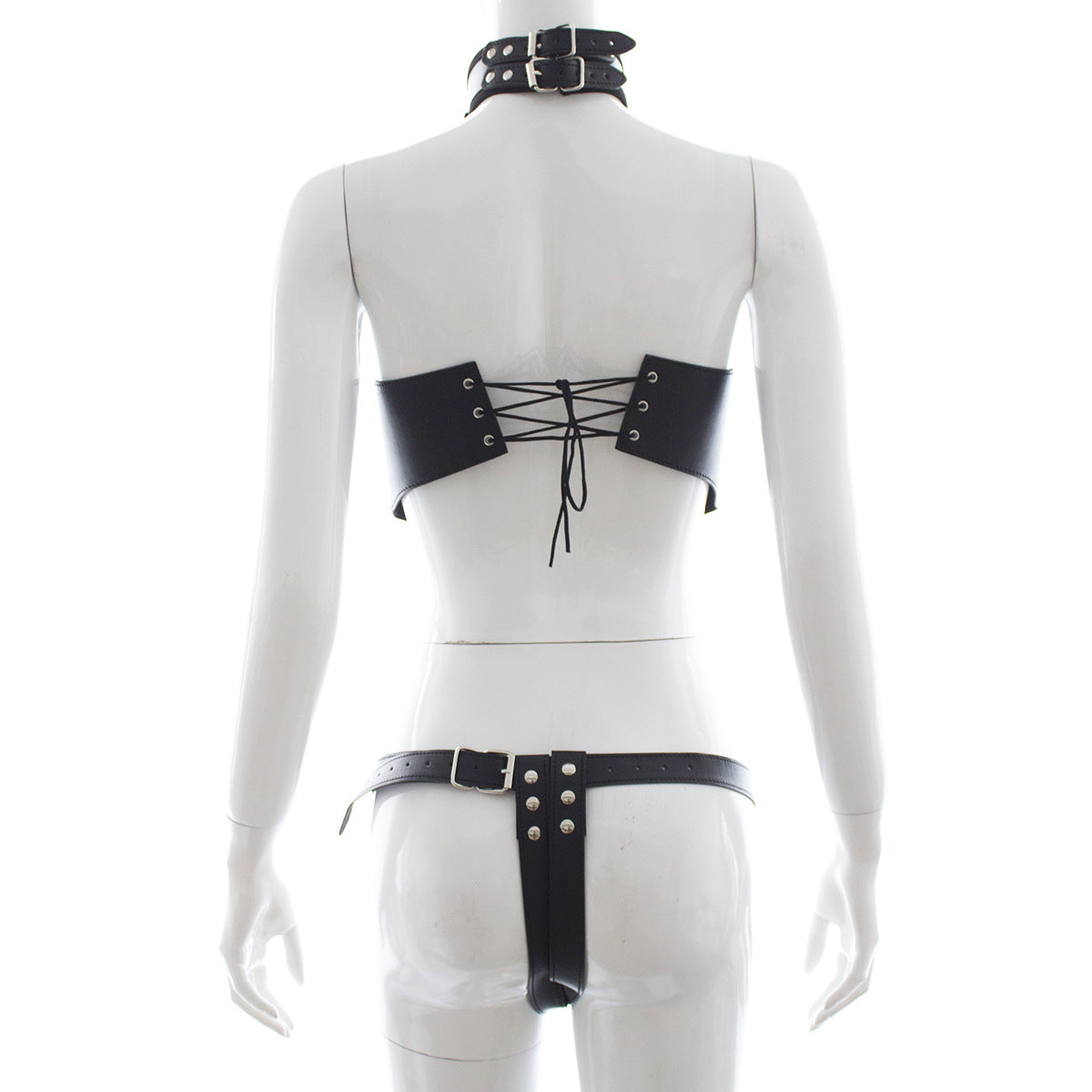 Black Leather Bodysuit with Open-Breast Design