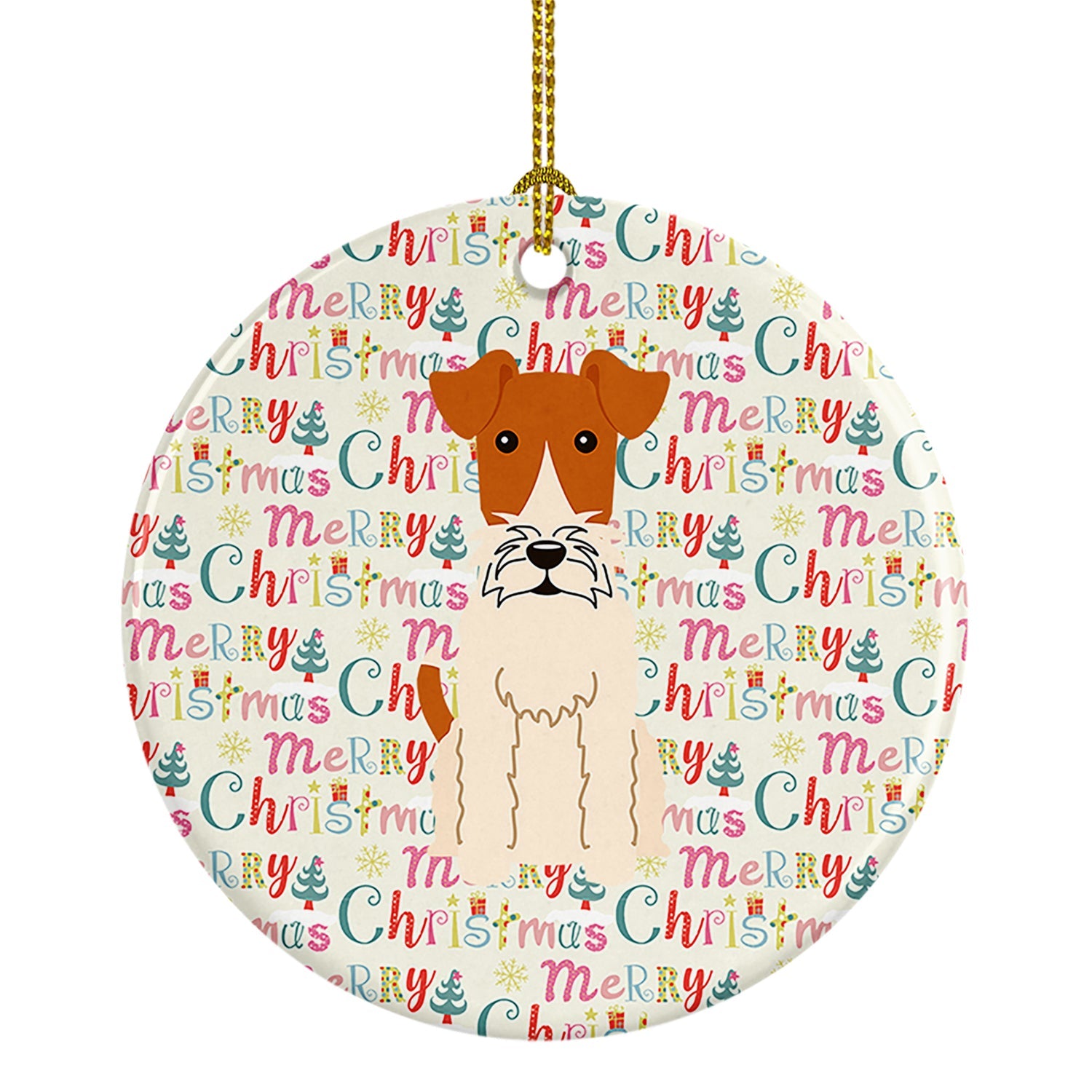 Merry Christmas Wire Fox Terrier Ceramic Ornament