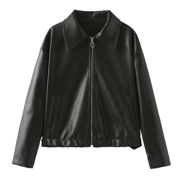 Women's Black Leather Traf Jacket - Casual Streetwear