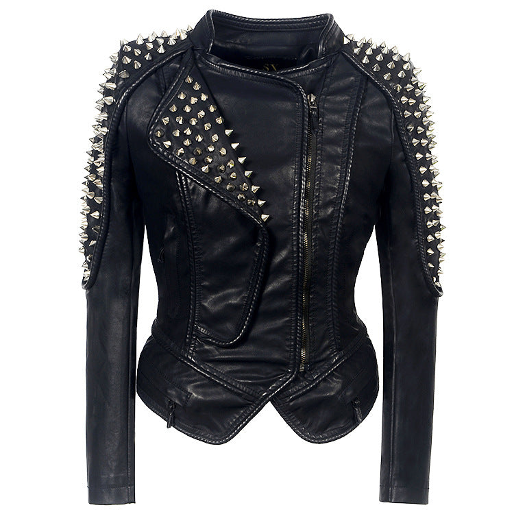 Short Motorcycle Leather Jacket for Women - Punk Style