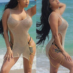 Gold Metallic Sheer Knit Beach Cover-Up Dress