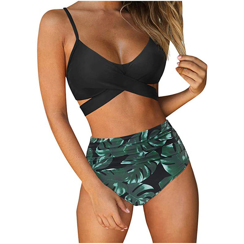 Cross Waist High Waist Leopard Print Bikini Set for Women