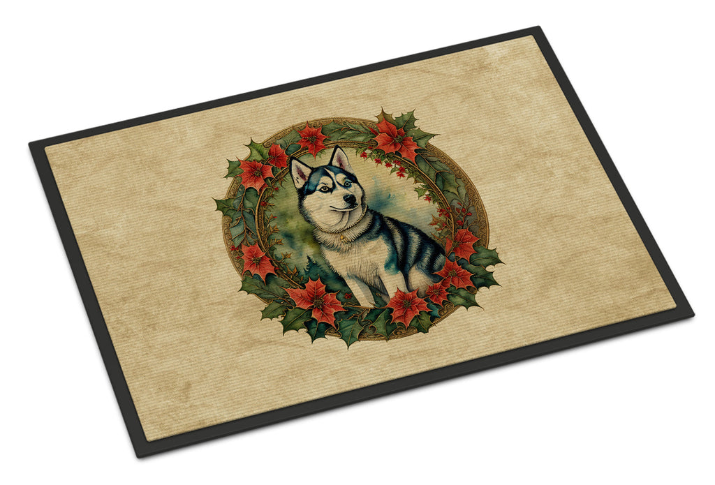 Siberian Husky Christmas Flowers Doormat
