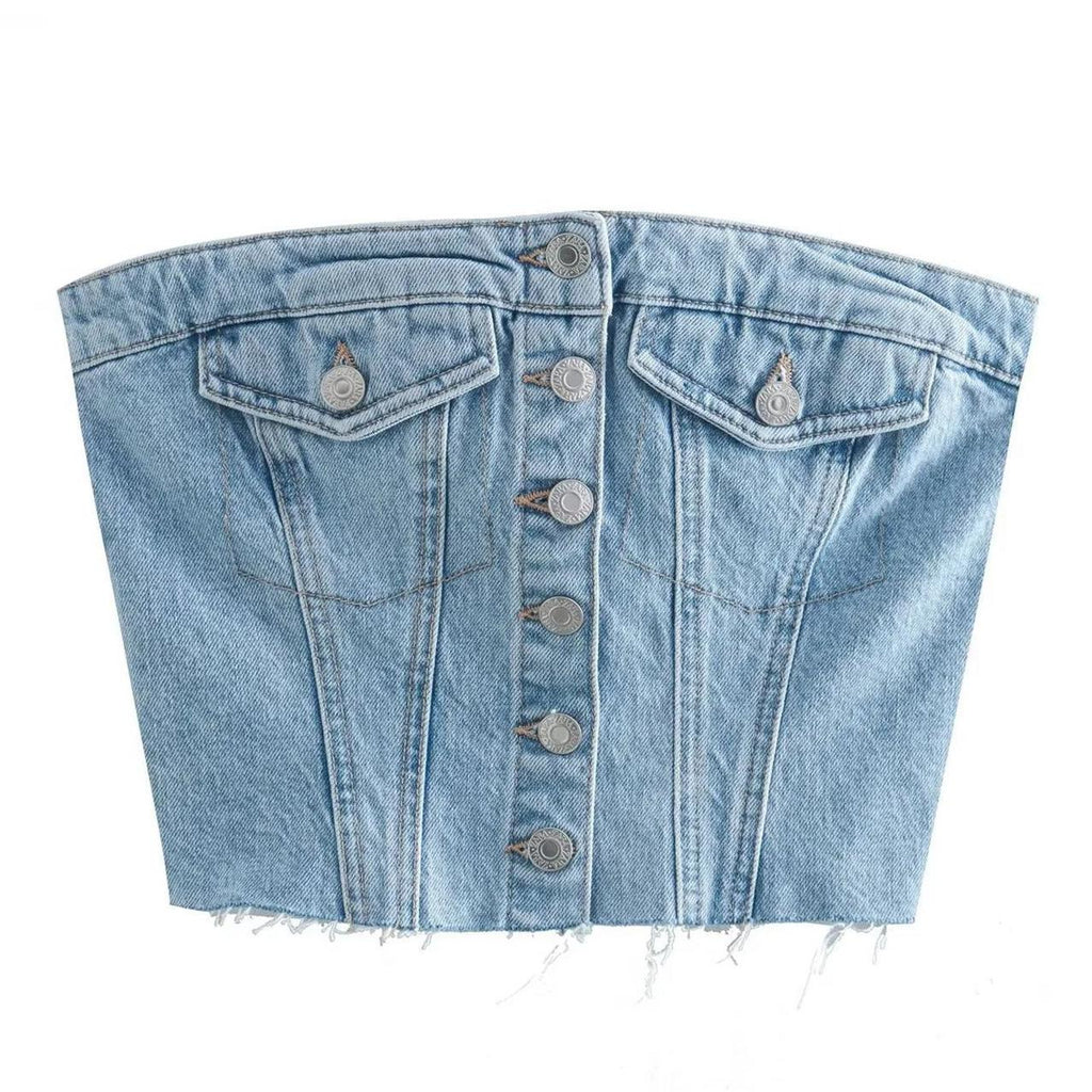 Blue Off-Shoulder Denim Corset Crop Top for Women