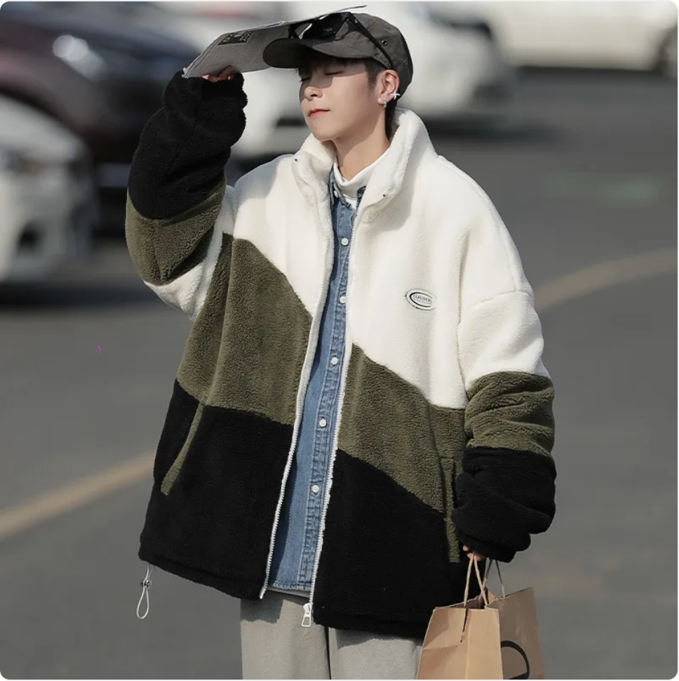 Color Block Thickened Cotton-Cashmere Jacket