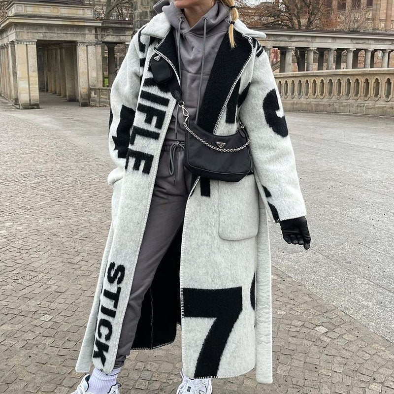 Loose Long Printed Woolen Coat for Women