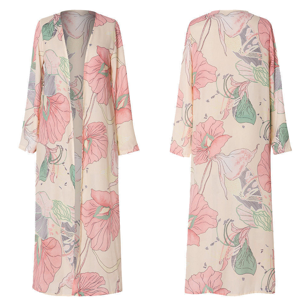 Long Chiffon Beach Cover-Up with Floral Print for Women