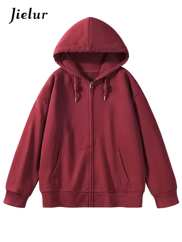 Jielur Solid Color Comfortable Women's Zip-Up Hoodie | Streetwear