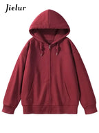 Jielur Solid Color Comfortable Women's Zip-Up Hoodie | Streetwear