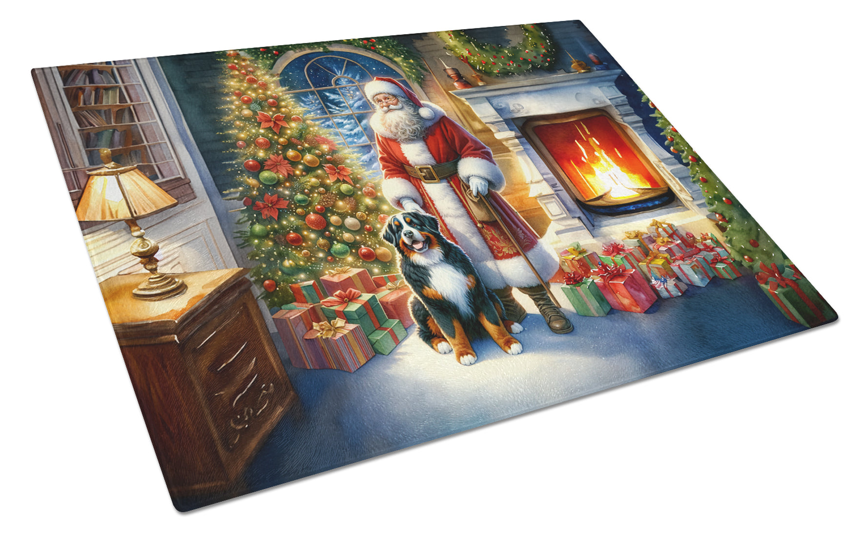 Bernese Mountain Dog and Santa Claus Glass Cutting Board