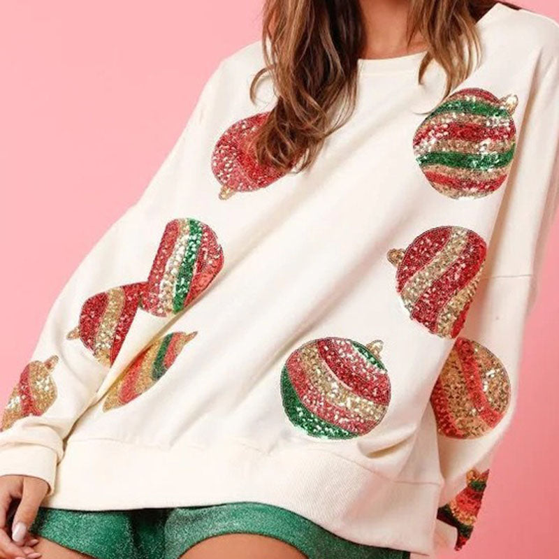 Embroidered Sequin Round Neck Long Sleeve Sweater