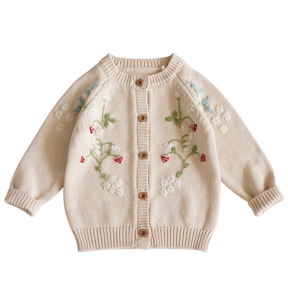 Hand Embroidered Strawberry Flower Cardigan for Girls