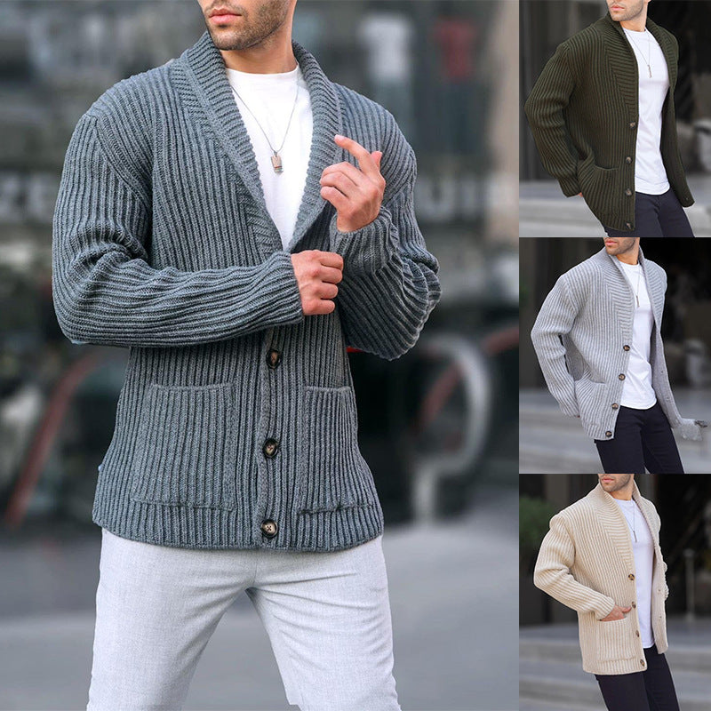 Men's Long Sleeve Lapel Sweater - Single Breasted Design