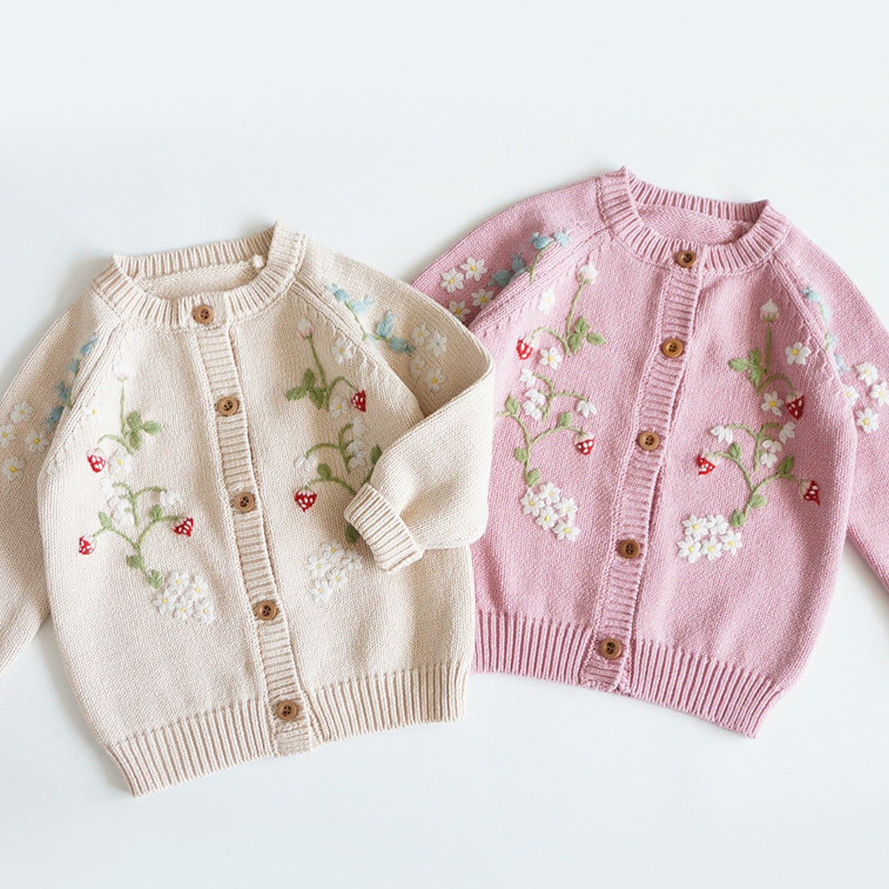 Hand Embroidered Strawberry Flower Cardigan for Girls