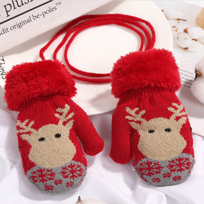 Children's Winter Christmas Cartoon Gloves with Rope