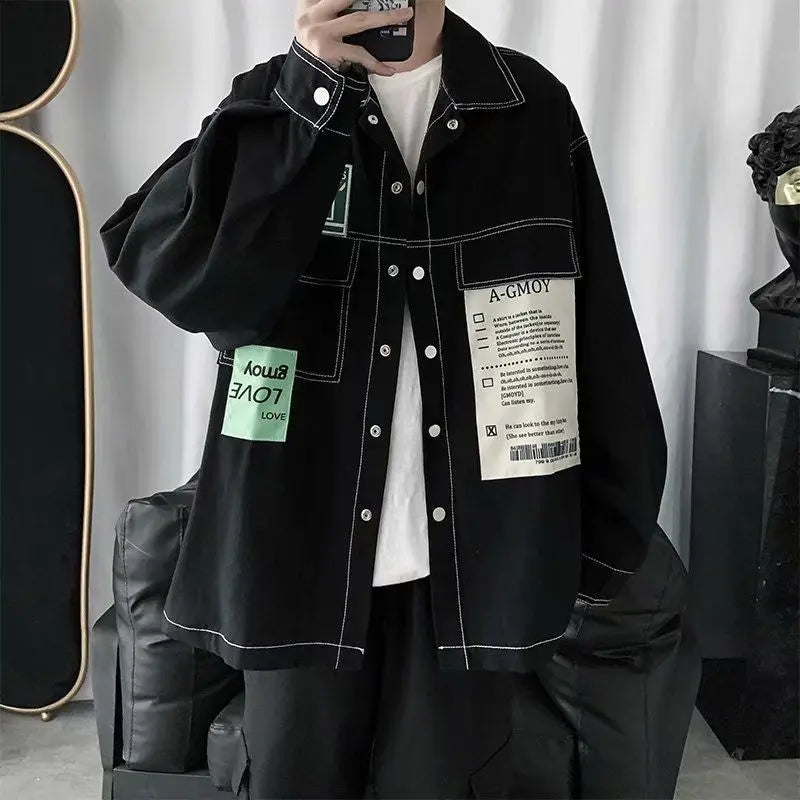 Men's Loose Black Denim Jacket with Spliced Design