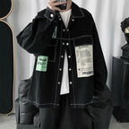 Men's Loose Black Denim Jacket with Spliced Design