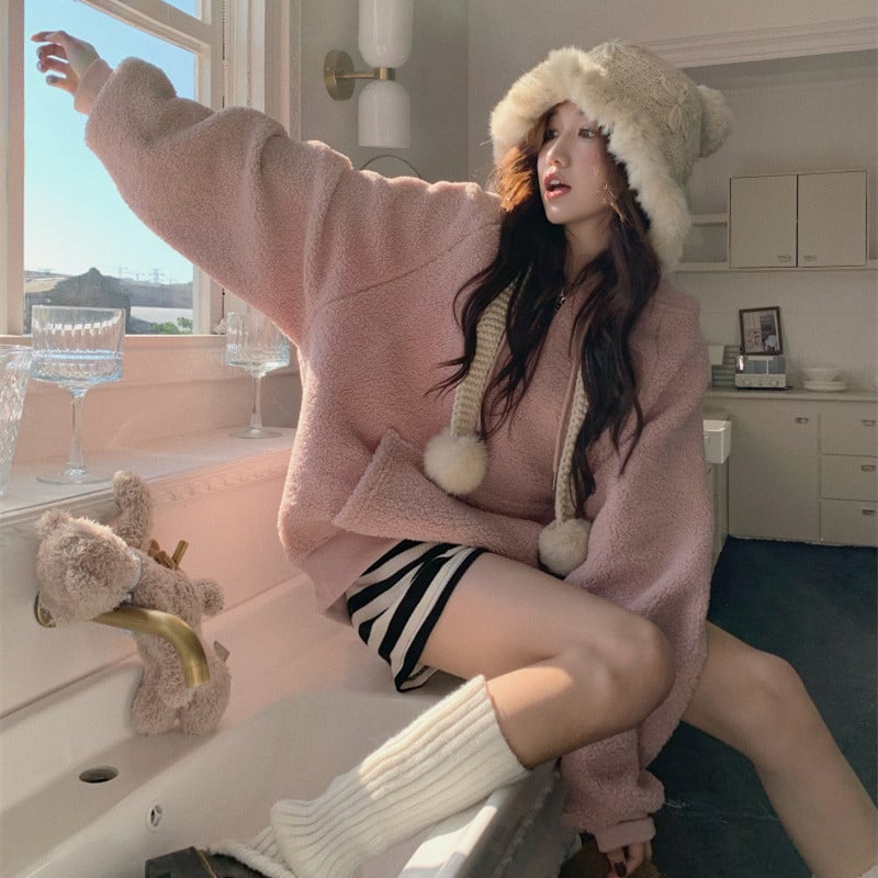 Thickened Imitation Lamb Wool Hooded Sweater for Women